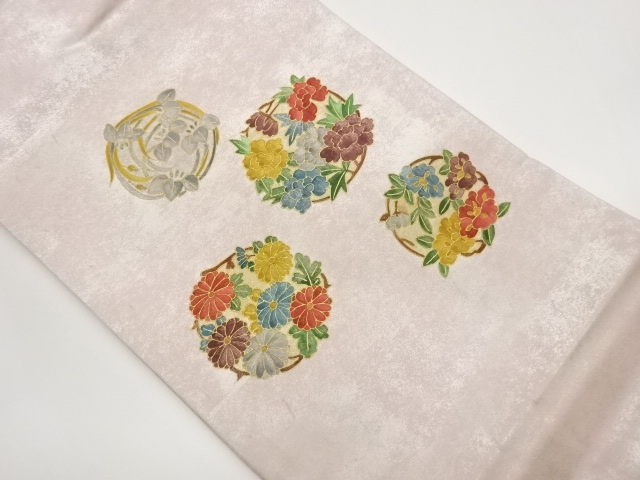 Nagoya obi with floral design in gold leaf and gold circle